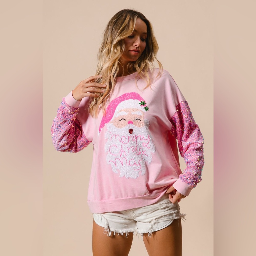 NEW ARRIVAL ALERT:  BIBI VELVET SEQUIN SLEEVE SANTA FACE CHRISTMAS PULLOVER